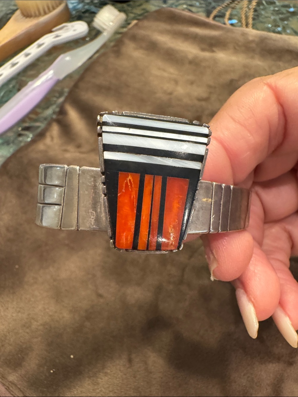 Sterling Silver Unsex  Inlay Bracelet with Orange and Black Accents